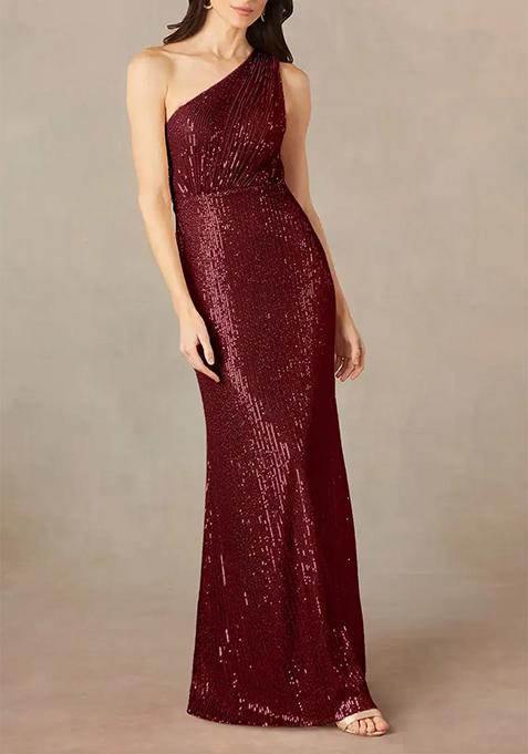 Burgundy  A-Line Asymmetrical Neckline Stretchable Sequin Mesh Gown