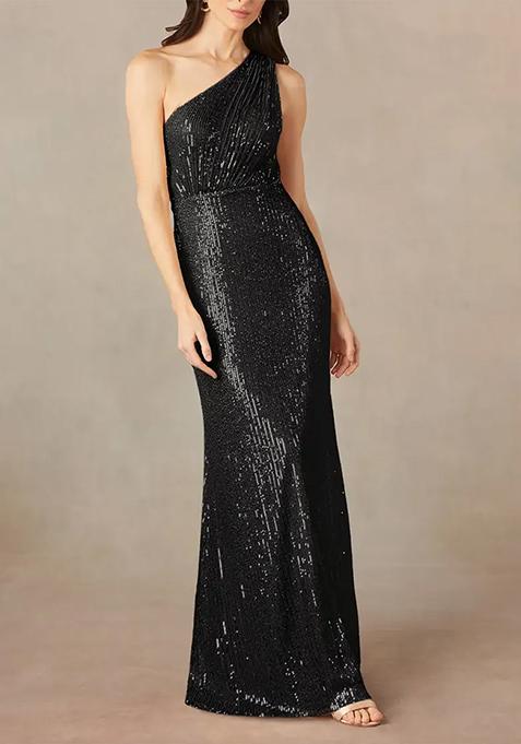 Black A-Line Asymmetrical Neckline Stretchable Sequin Mesh Gown