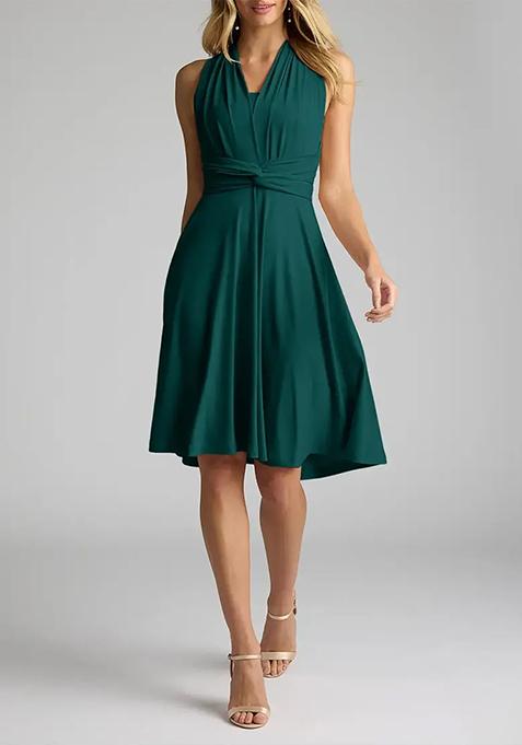 Green A-Line Bow Knit Lycra Dress