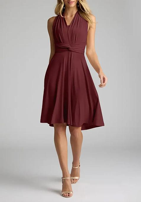 Wine A-Line Bow Knit Lycra Dress