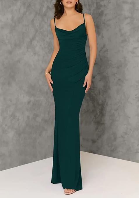 Dark Green Fitted Knit Lycra Net Dress