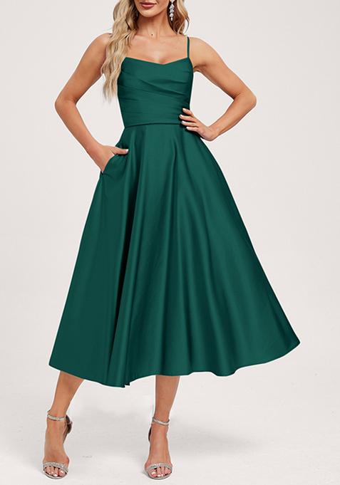 Emerald A-line V-Neck Tea-Length Satin Dress