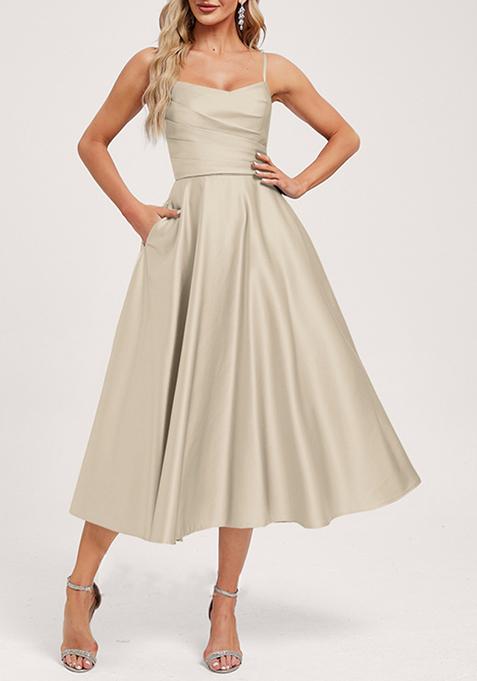 Sand Beige A-line V-Neck Tea-Length Satin Dress