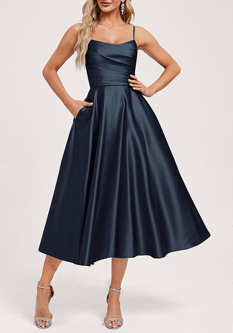 Dark Navy A-line V-Neck Tea-Length Satin Dress