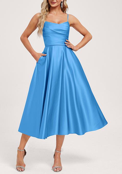 Ocean Blue A-line V-Neck Tea-Length Satin Dress