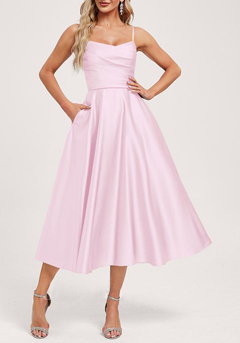 Candy Pink  A-line V-Neck Tea-Length Satin Dress