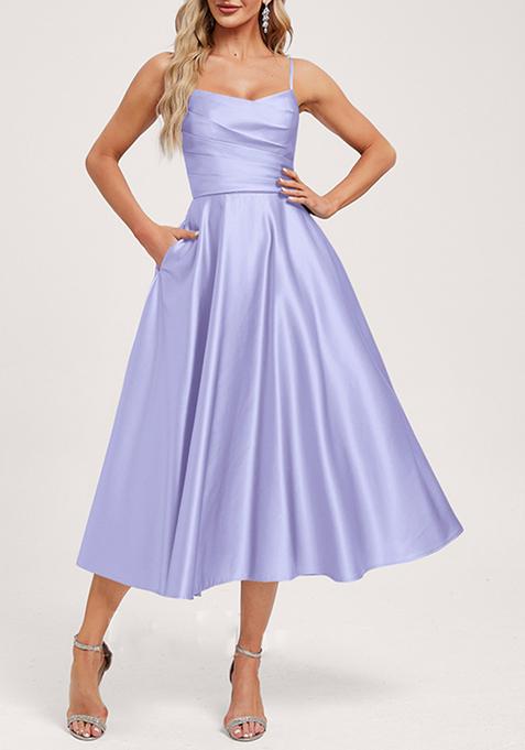 Lavender A-line V-Neck Tea-Length Satin Dress