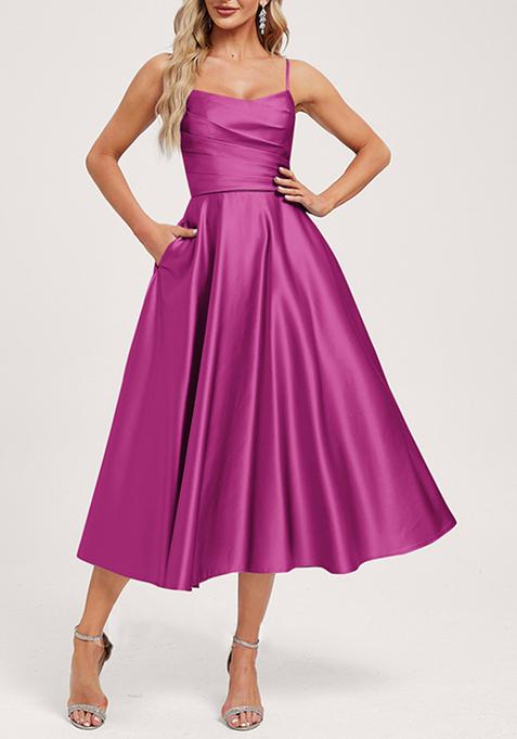 Purple A-line V-Neck Tea-Length Satin Dress