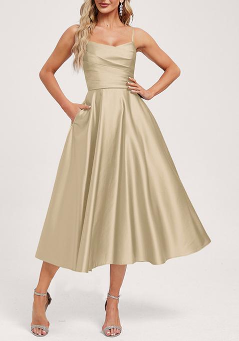 Beige A-line V-Neck Tea-Length Satin Dress