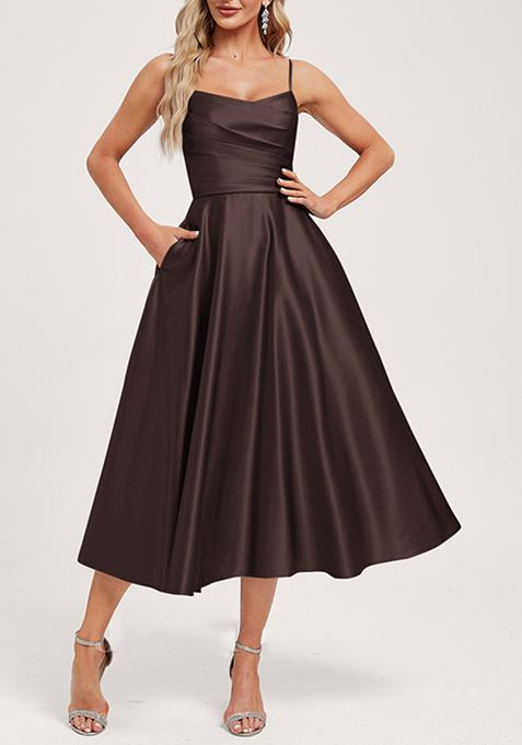 Chocolate Brown A-line V-Neck Tea-Length Satin Dress