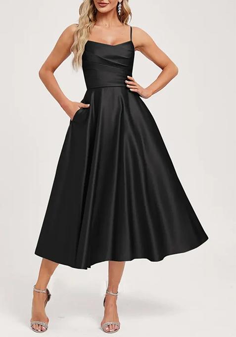 Black A-line V-Neck Tea-Length Satin Dress