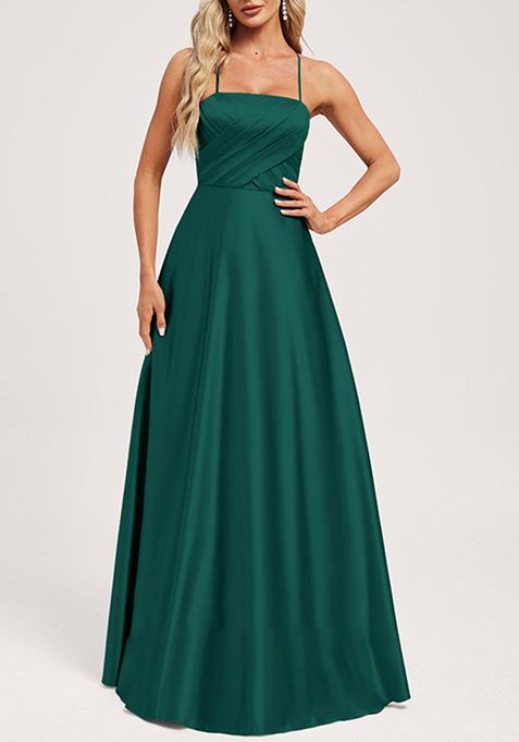 Emerald A-line Square Floor-Length Satin Gown