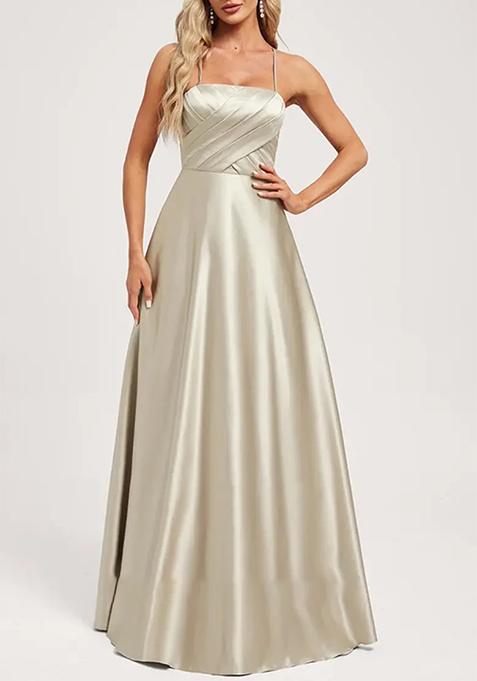 Sand Beige A-line Square Floor-Length Satin Gown