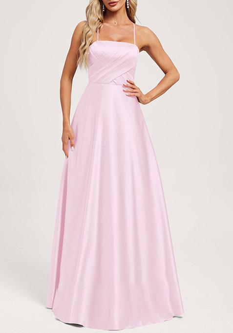 Candy Pink A-line Square Floor-Length Satin Gown