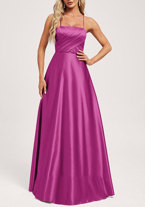 Purple A-line Square Floor-Length Satin Gown