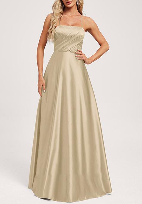 Beige A-line Square Floor-Length Satin Gown