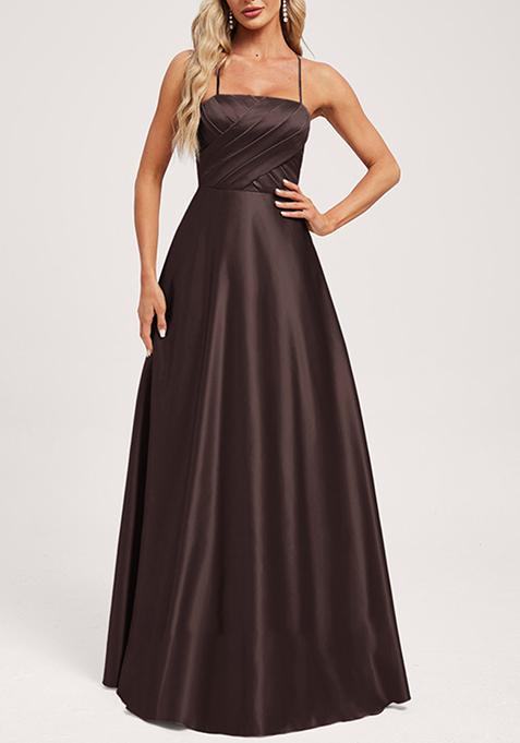 Chocolate Brown A-line Square Floor-Length Satin Gown