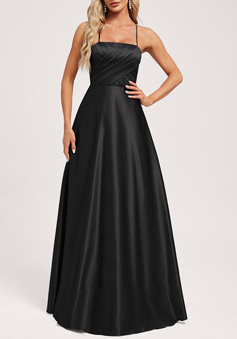 Black A-line Square Floor-Length Satin Gown