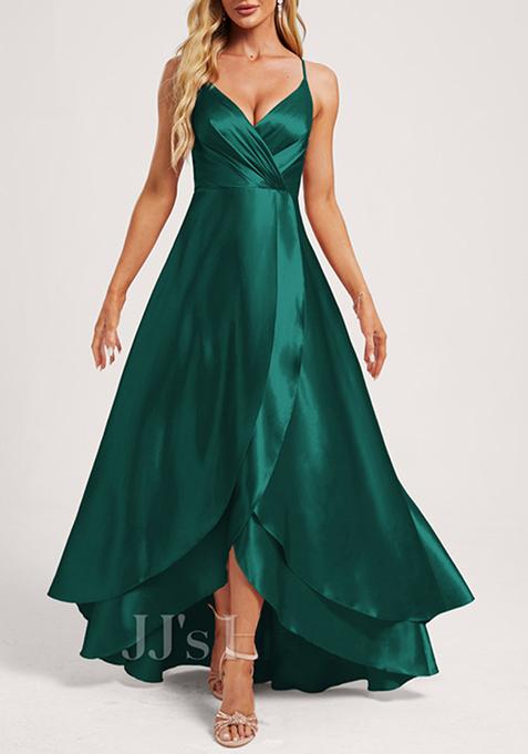 Emerald A-line V-Neck Ruffled Asymmetrical Satin Gown