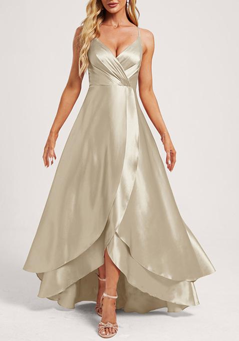 Sand Beige A-line V-Neck Ruffled Asymmetrical Satin Gown