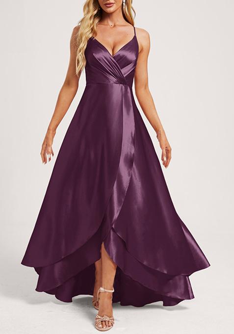 Grape Purple A-line V-Neck Ruffled Asymmetrical Satin Gown