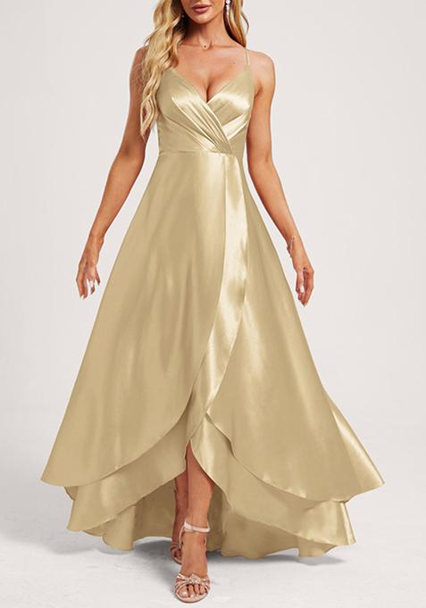 Beige A-line V-Neck Ruffled Asymmetrical Satin Gown