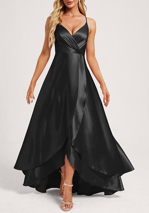 Black A-line V-Neck Ruffled Asymmetrical Satin Gown