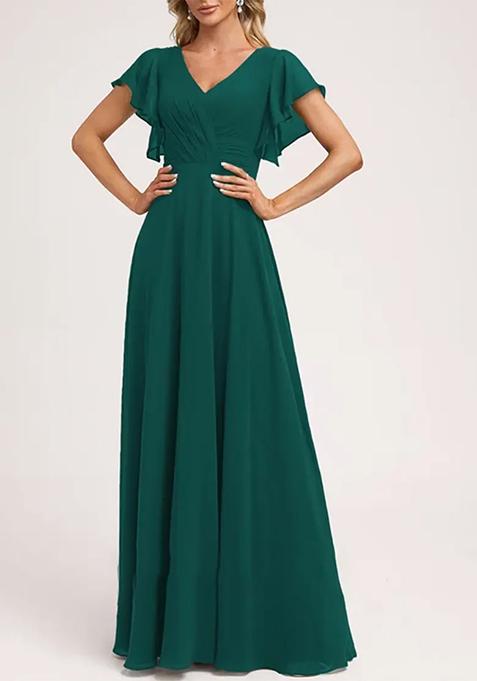 Emerald A-line V-Neck Floor-Length Ruffled Georgette Gown