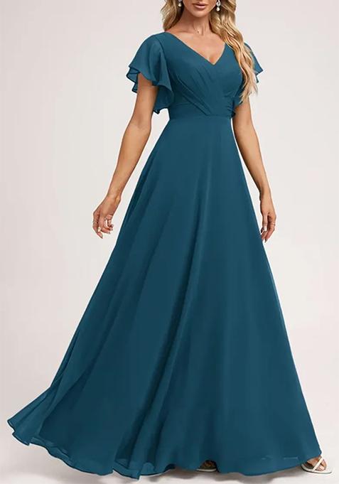 Ink Blue A-line V-Neck Floor-Length Ruffled Georgette Gown