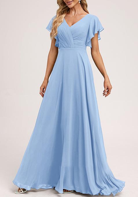 Light Blue A-line V-Neck Floor-Length Ruffled Georgette Gown