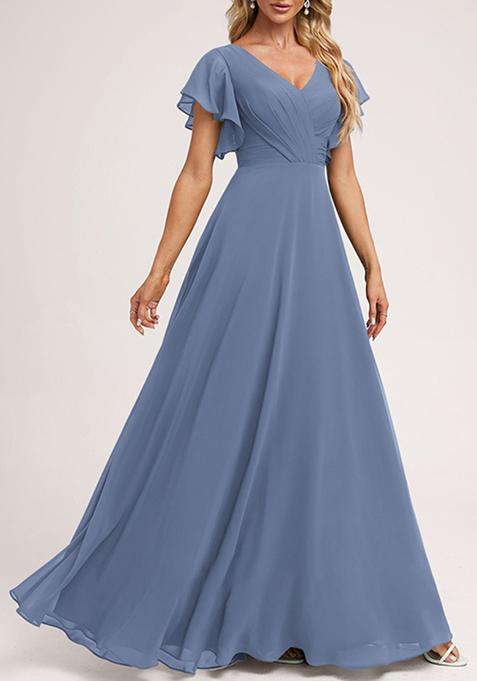 Slate Blue A-line V-Neck Floor-Length Ruffled Georgette Gown