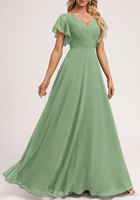 Basil Green A-line V-Neck Floor-Length Ruffled Georgette Gown