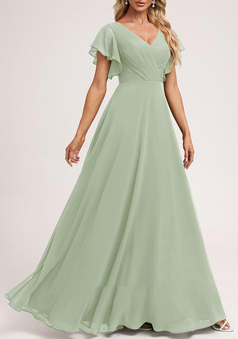 Pale Green A-line V-Neck Floor-Length Ruffled Georgette Gown