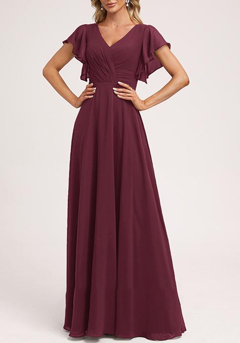 Wine A-line V-Neck Floor-Length Ruffled Georgette Gown