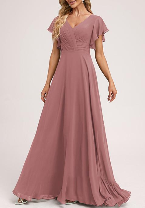 Desert Rose A-line V-Neck Floor-Length Ruffled Georgette Gown