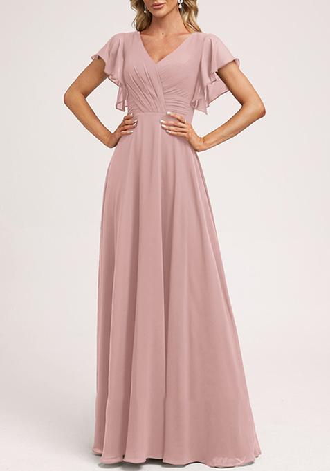 Sandy Pink A-line V-Neck Floor-Length Ruffled Georgette Gown