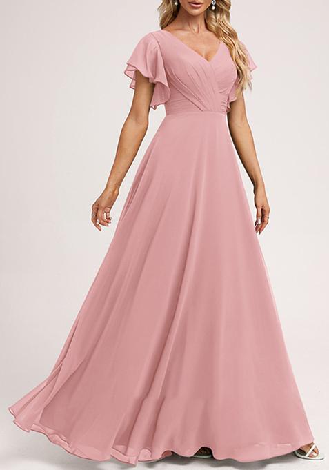 Blush Pink A-line V-Neck Floor-Length Ruffled Georgette Gown