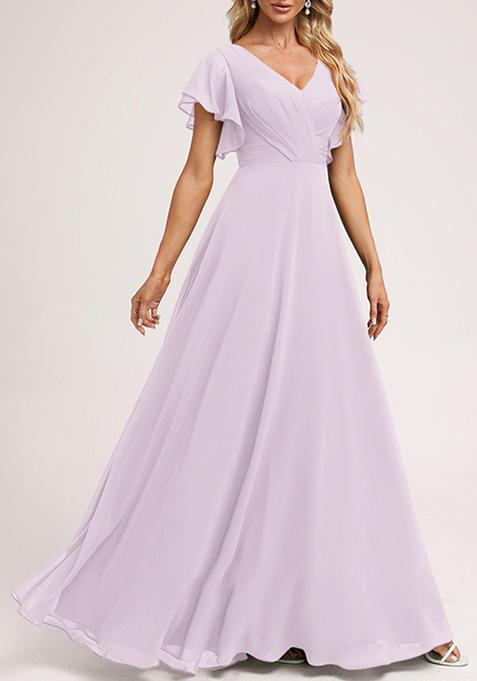 Dusty Lavender A-line V-Neck Floor-Length Ruffled Georgette Gown