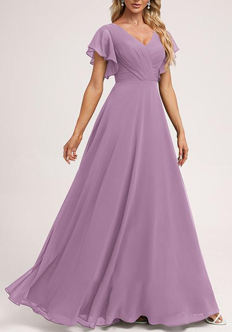 Lavender A-line V-Neck Floor-Length Ruffled Georgette Gown