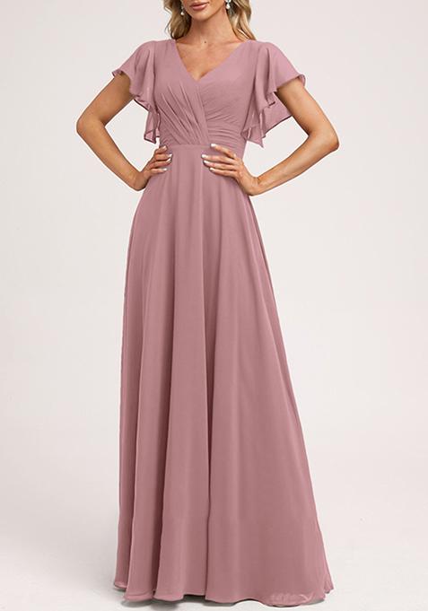 Vintage Mauve A-line V-Neck Floor-Length Ruffled Georgette Gown