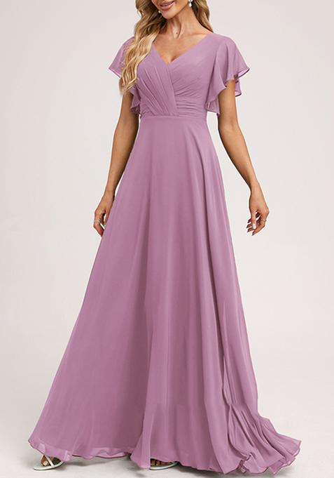 Mauve A-line V-Neck Floor-Length Ruffled Georgette Gown