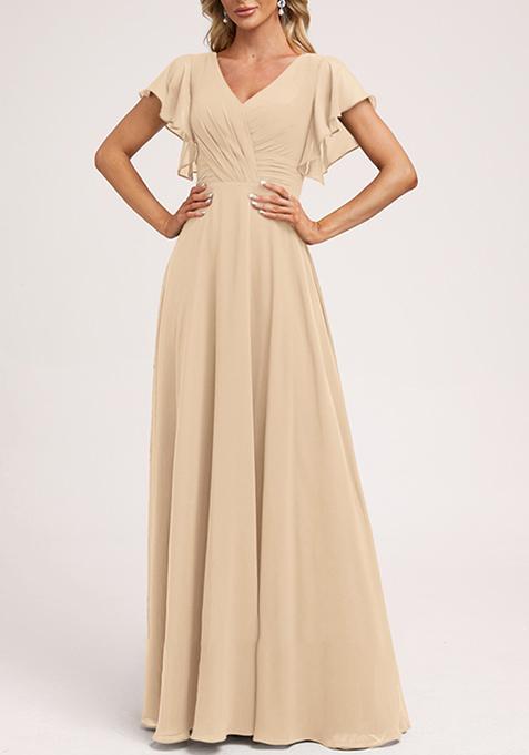 Beige A-line V-Neck Floor-Length Ruffled Georgette Gown