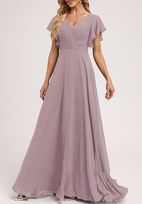 Dusty Purple A-line V-Neck Floor-Length Ruffled Georgette Gown