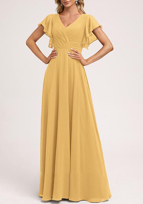 Golden A-line V-Neck Floor-Length Ruffled Georgette Gown