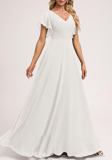 Ivory A-line V-Neck Floor-Length Ruffled Georgette Gown