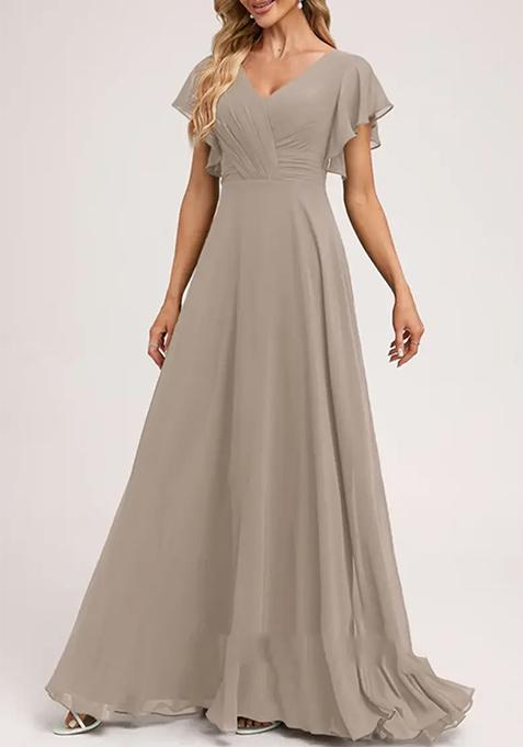 Grey A-line V-Neck Floor-Length Ruffled Georgette Gown