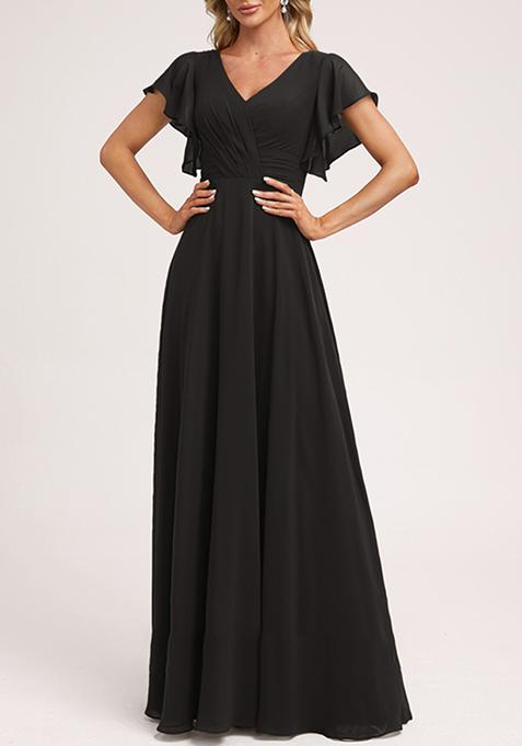 Black A-line V-Neck Floor-Length Ruffled Georgette Gown