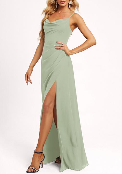 Pale Green A-line Cowl Neck Floor-Length Georgette Gown