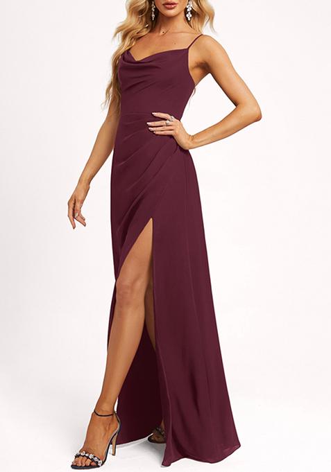 Wine A-line Cowl Neck Floor-Length Georgette Gown