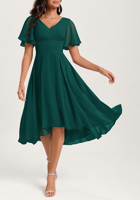 Emerald A-line V-Neck Ruffled Asymmetrical Georgette Dress